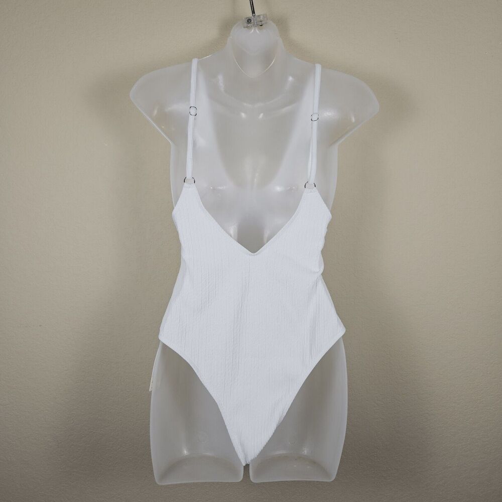 Minimalist White One Piece Swimsuit Womens M Ribbed Resort Cruise Vacation Beach - Picture 2 of 15